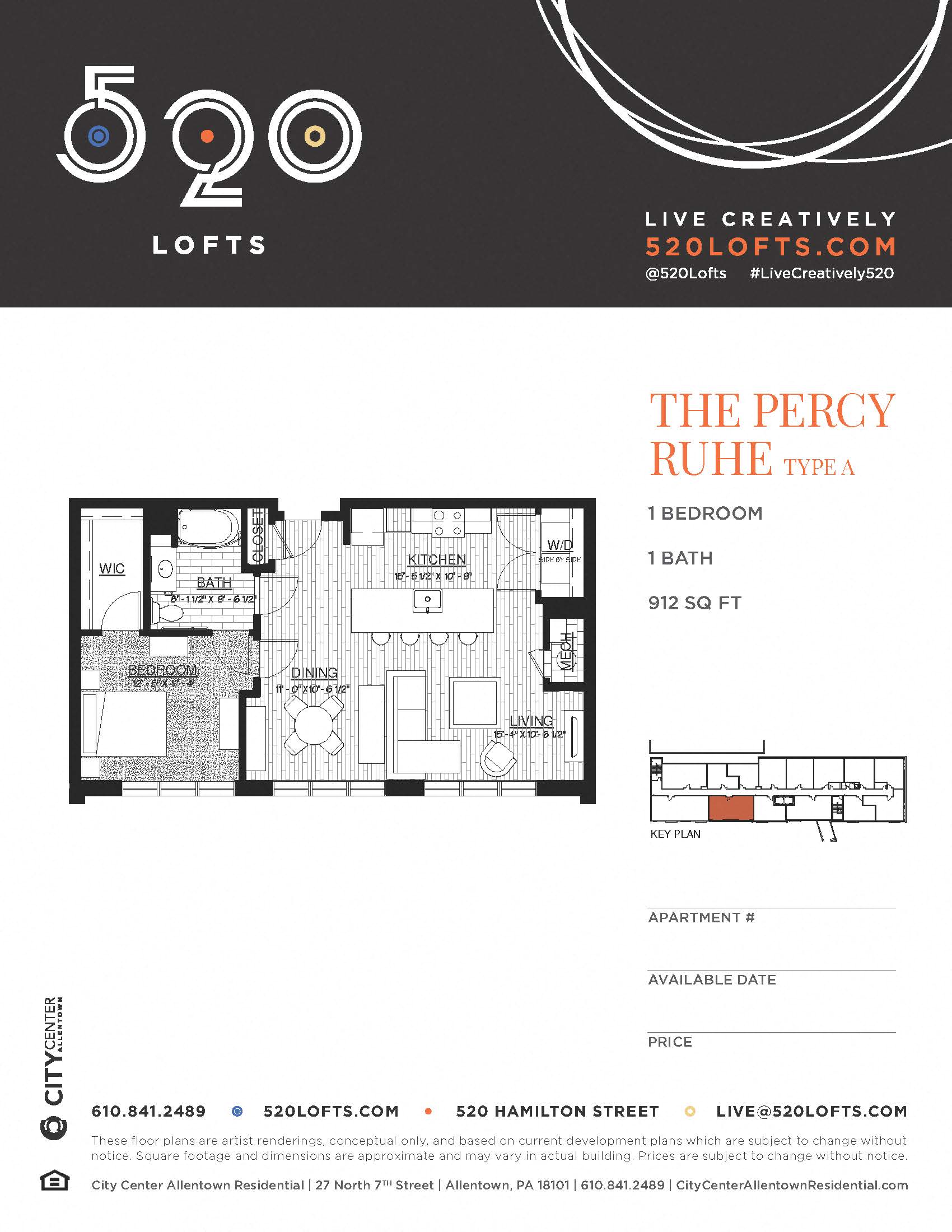 Floor plan for 1 bed, 1 bath, 912 sqft
